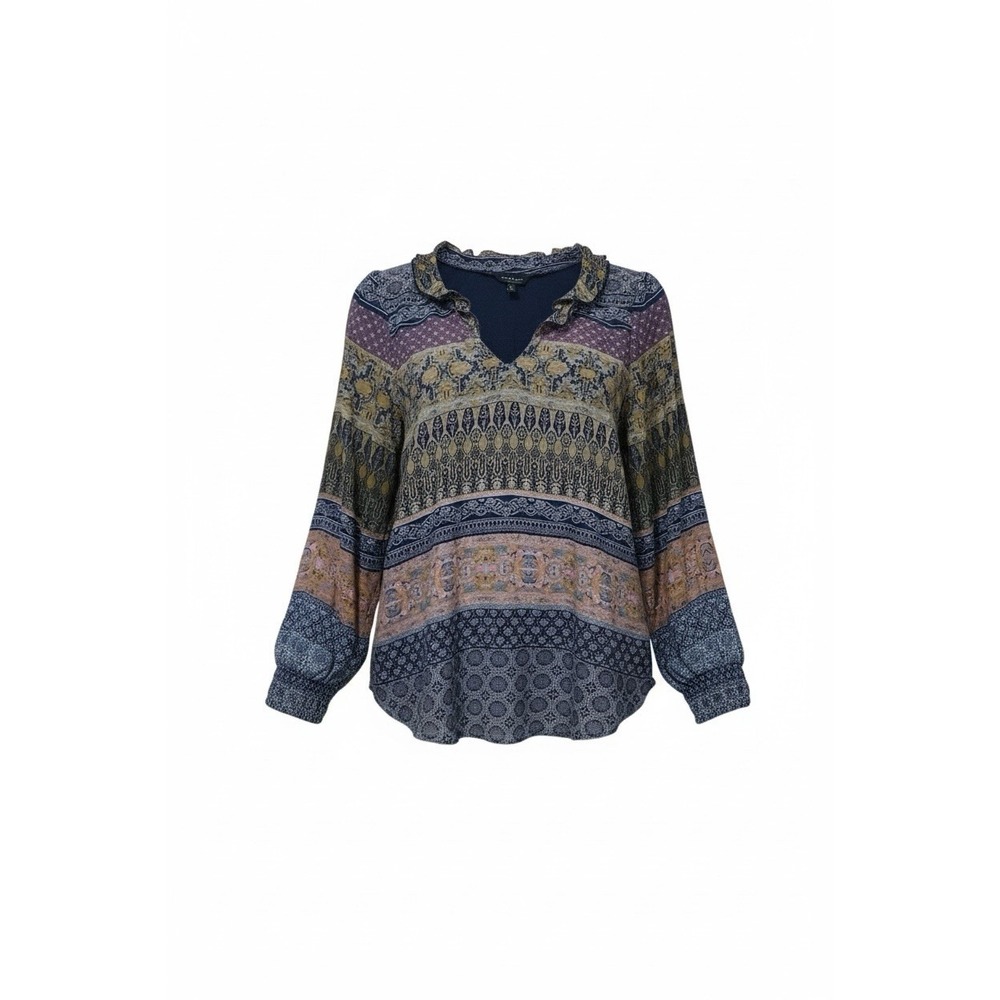 LUCKY BRAND Womens Large Boho Patchwork Long Sleeve‎ V Neck Knit Top